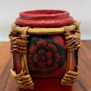 Boho Bamboo Crystal Pedestal Stand | Mini Red Lacquer Sphere Display & Tealight Holder