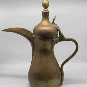 May include: A brass dallah coffee pot featuring a bulbous base, a long curved spout, and a hinged lid topped with a decorative finial. The metal surface displays a weathered patina with visible signs of age and oxidation throughout the body.