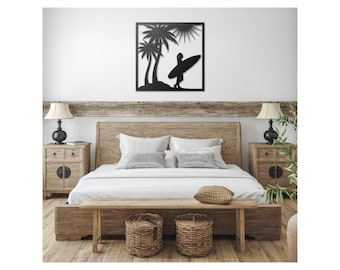 Surfer Chic Palm Tree Metal Art Sign, Beach Themed Art Sign, Surfboard Wall Art, Minimalist Art, Indoor/Outdoor Art Signage, Birthday Gift