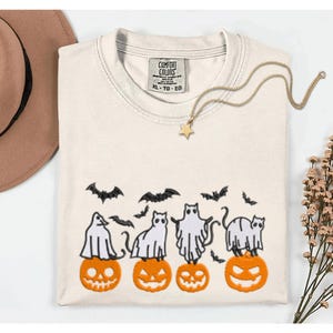 Comfort Colors® Embroidered Black Cat Pumpkin Shirt, Cute Halloween Crewneck, Spooky Season Shirt, Fall Cat Lover Gift, Cozy Autumn