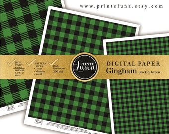 Gingham Digital Paper JPEG, Black and Green Printable Paper, Plaid, Lumberjack Pattern Buffalo. Download File Printeluna