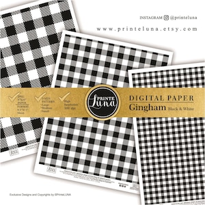 May include: Digital paper sheets featuring a black and white gingham pattern. The sheets are available in various sizes and resolutions, with the text "Digital Paper Gingham Black & White" and the PrinteLuna logo. The image also includes the text "Exclusive Designs and Copyrights by ©PrinteLUNA".