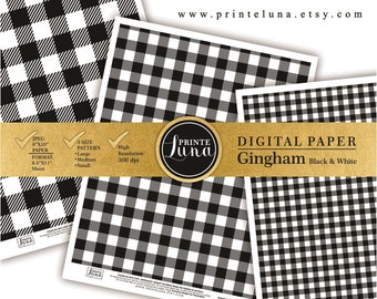 Gingham Digital Paper JPEG, Black White Download Paper Plaid, Lumberjack Printable Paper, Plaid Buffalo Pattern, Printeluna Digital Paper