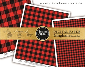 Gingham Digital Paper JPEG, Black and Red Printable Paper, Plaid, Lumberjack Pattern Buffalo. Download File Printeluna