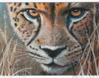 Cheetah Eyes Pastel Art, Velour Material, Framed with Engraved Glass Detail