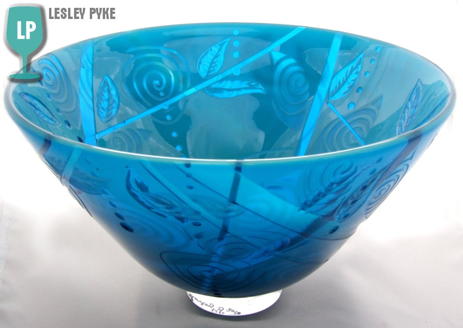Hand engraved hand blown blue glass bowl engraved inside and Etsy