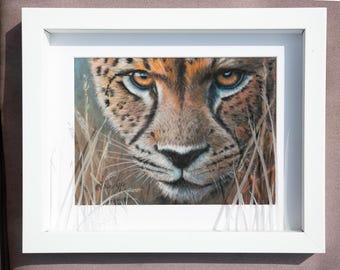 Cheetah Eyes. Original framed with Engraved Glass Detail,  Pastel Art, Velour Material.