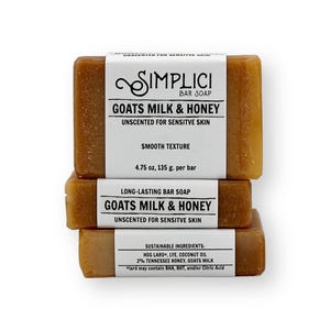 SIMPLICI Goats Milk & Honey Natural Soap (smooth + for senstive skin) bulk box, palm oil free. 4.75 oz bar