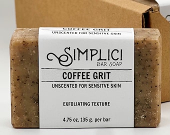 SIMPLICI Coffee Grit Natural Soap (exfoliating + for sensitive skin). PALM FREE. 4.75 oz bar