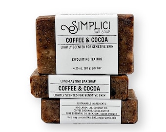 SIMPLICI Coffee & Cocoa Natural Soap (exfoliating + for sensitive skin). PALM FREE. 4.25 oz bar