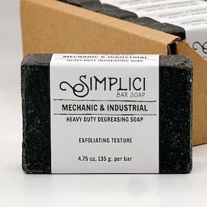 SIMPLICI Mechanic & Industrial Natural Soap (exfoliating + pure essential oils), bulk box. 4.75 oz bar