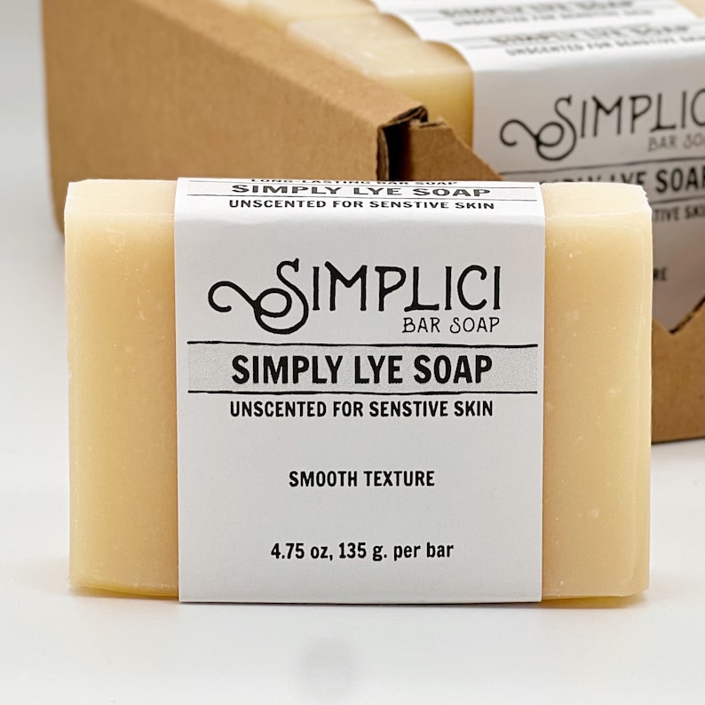 May include: A bar of Simply Lye Soap, unscented for sensitive skin, with a smooth texture. The soap is 4.75 oz, or 135 g, per bar.