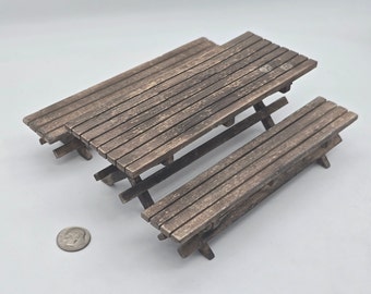 1/12 Scale Dollhouse Weathered Picinic Table & Benches