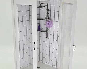 1/12 Scale Dollhouse Miniature Corner Shower- Vertical Subway Tile/Custom Faucet