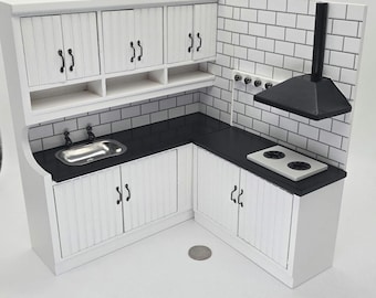 1/12 Scale Dollhouse Miniature Kichen Cabinets with Backsplash (Corner Set-up or Use Seperately)