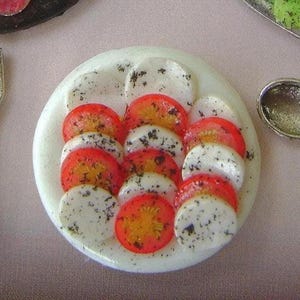 Op de afbeelding: Miniatuur bord met plakjes tomaat en mozzarella, gekruid met kruiden. Het rode en witte voedsel is in afwisselende lagen op een wit bord gerangschikt. Een zilveren vork en lepel bevinden zich aan de zijkanten.