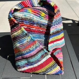 Sock yarn rainbow knit scarf, rainbow multi yarn scarf, unisex knit scarf,  bright fashion scarf,  bright mixed yarn scarf, table runner
