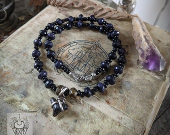 Fossilized Sharks Tooth Beaded Strand *gemstone jewelry*dark aesthetics *witch aesthetics *blue goldstone *smokey quartz *silver