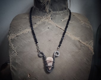 Pink Rhodochrosite Necklace *nugoth *witchcraft *crystal pendant *iron jewelry *whimsigoth *pagan jewelry *dark aesthetics *beaded necklace