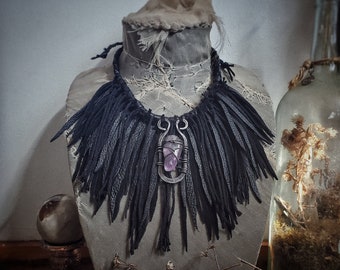 Amethyst & Iron Fringe Necklace *leather jewelry *witch aesthetics *nu goth *gothic jewelry * dark fashion *whimsigoth *witchcraft