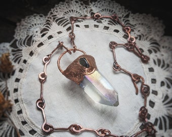 Aura Quartz & Copper Statement Necklace *witch aesthetics *whimsigoth *crystal pendant *green obsidian *nu goth *statement necklace