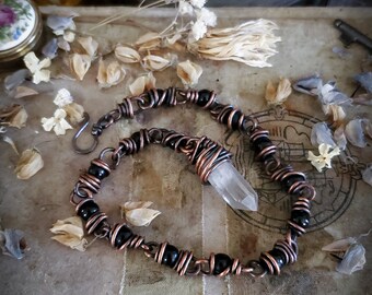 Quartz Point & Copper Beaded Bracelet *witchcraft *goth *dark jewelry *witch aesthetic *dark cottage core jewelry