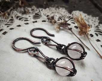 Rose Quartz Oracle 10g Ear Weights *rose quartz jewelry *ear hangers *hoops for tunnels *copper earweights *witchy style *gothic