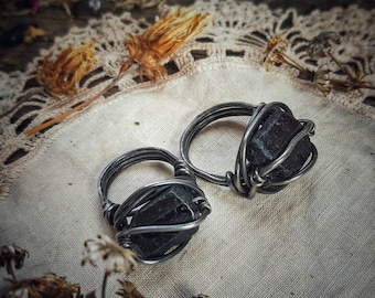 Black Tourmaline Tower Ring *nu goth *goth ring *statement ring *black stone ring *whimsigoth *metal ring *bone dust tower jewelry