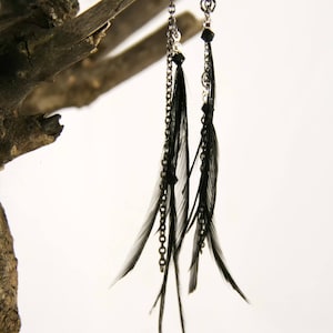 Pendant asymmetric earring long black feathers on laiton chain image 1