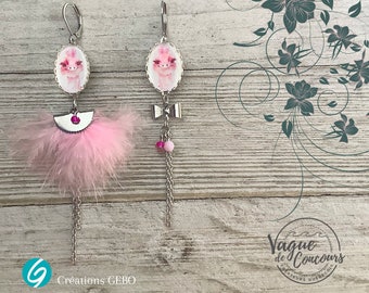 Asymetric feather long earrings pink ostrich