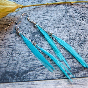 Pendant asymmetric earring long blue feathers on inox chain