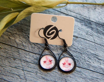 Pendant inox earrings black drop, funny pink ostrich