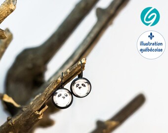 Pendant earrings - Panda - cabochon 12mm- original drawing from Quebec - Quebec handmade by Créations GEBO