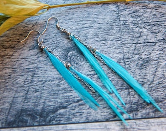 Pendant asymmetric earring long blue feathers on inox chain