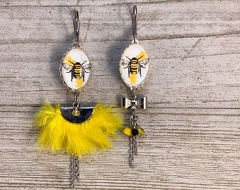 Asymetric feather long earrings yellow bee