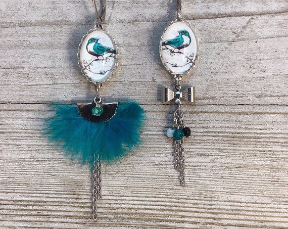 Asymetric feather long earrings white and blue bird