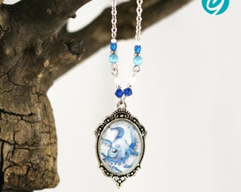 Collier bleu - boucles d'oreilles bleues - pieuvre - sur chaîne - illustration Chrystelle Lapratte, cabochon verre, Québec, Créations GEBO