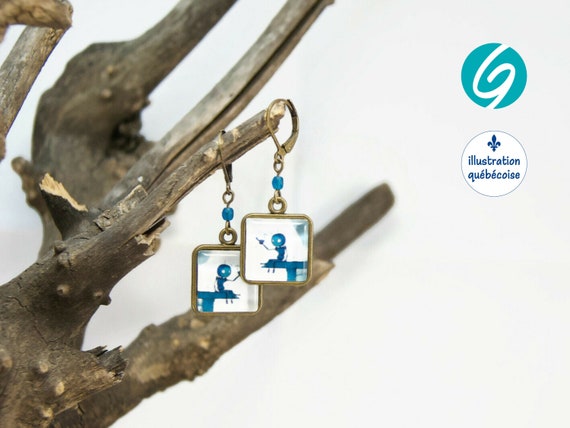 Pendant earrings blue robot square cabochon original drawing bagu-illustration - Made in Quebec - handmade Créations GEBO