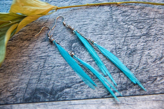 Pendant asymmetric earring long blue feathers on inox chain