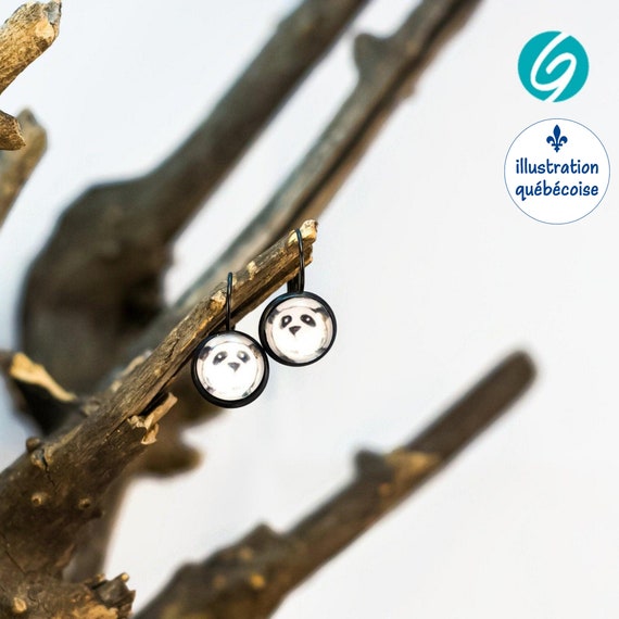 Pendant earrings - Panda - cabochon 12mm- original drawing from Quebec - Quebec handmade by Créations GEBO