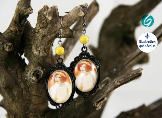 Pendant earrings cabaret - black and yellow - Woman Broadway - cabochon - original drawing Djief - Made in Quebec - handmade Créations GEBO