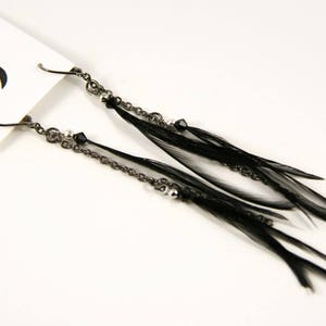 Pendant asymmetric earring long black feathers on laiton chain image 2