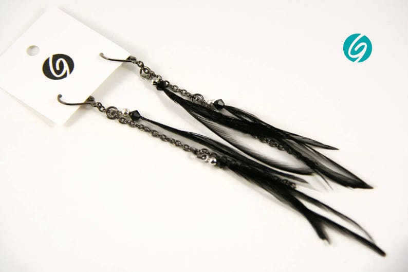 Pendant asymmetric earring long black feathers on laiton chain image 2