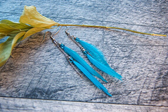 Pendant asymmetric earring long blue feathers on inox chain
