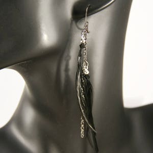 Pendant asymmetric earring long black feathers on laiton chain image 3