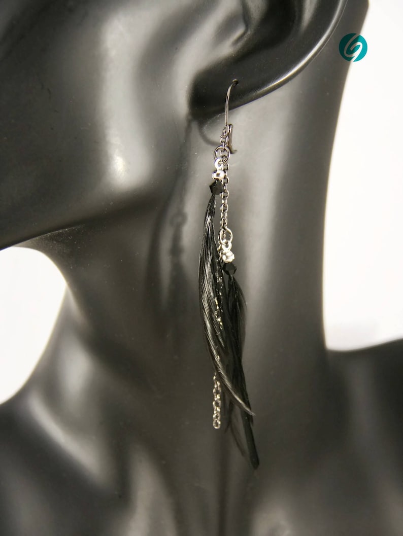 Pendant asymmetric earring long black feathers on laiton chain image 3