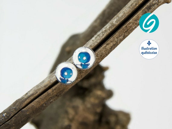 Stud earrings blue robot round cabochon original drawing bagu-illustration - Made in Quebec - handmade Créations GEBO