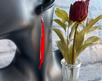 Pendant asymmetric earring long red feathers on inox chain