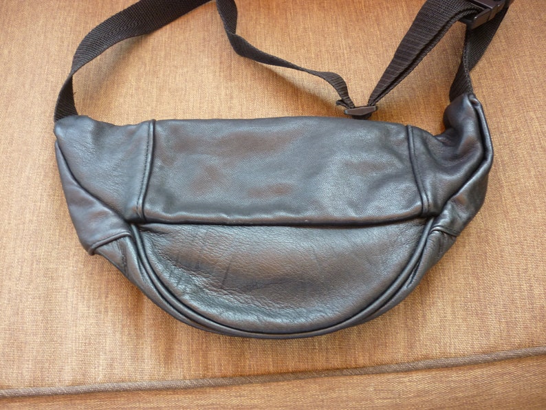 Vintage Black Leather 1980's Fanny Pack 3 Pocket Etsy