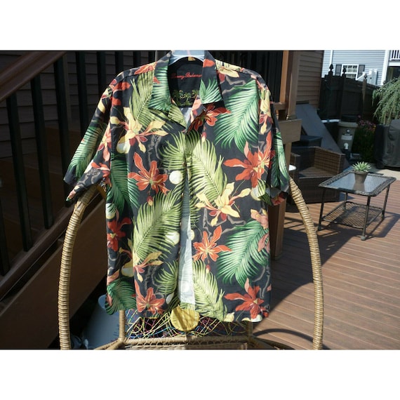 Vintage Tommy Bahama Bamboo Print Sz Large Silk Camp Hawaiian 